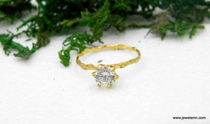 Solid Gold Branch Ring with Diamond, Handmade Minimalist Jewelry, Dainty Organic Band, Gift for Promise & Luck, Real Gold (9K, 14K, 18K)