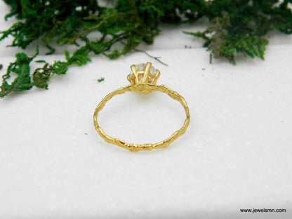 Solid Gold Branch Ring with Diamond, Handmade Minimalist Jewelry, Dainty Organic Band, Gift for Promise & Luck, Real Gold (9K, 14K, 18K)