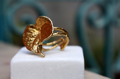 Real Leaf Gold Ring, Handmade Nature Jewelry, Organic Botanical Band, Gift for Love, 14K Gold Plated Brass