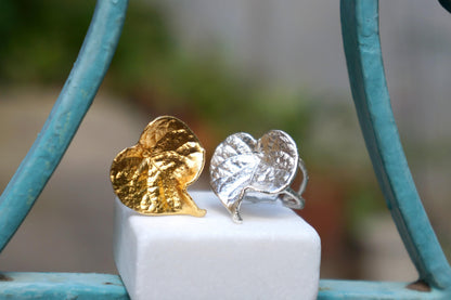 Real Leaf Gold Ring, Handmade Nature Jewelry, Organic Botanical Band, Gift for Love, 14K Gold Plated Brass