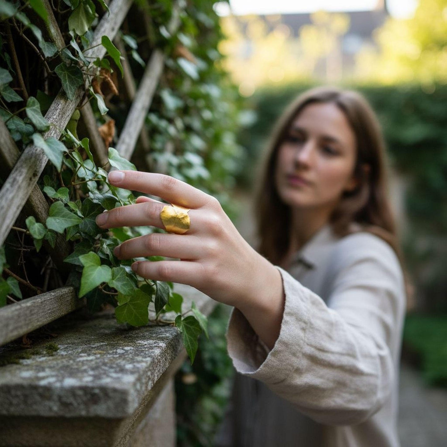Gold Ivy Leaf Ring, Handmade Statement Jewelry, Nature Inspired Organic Band, Gift for Purity & Health, Eco Sustainable Sterling Silver 925