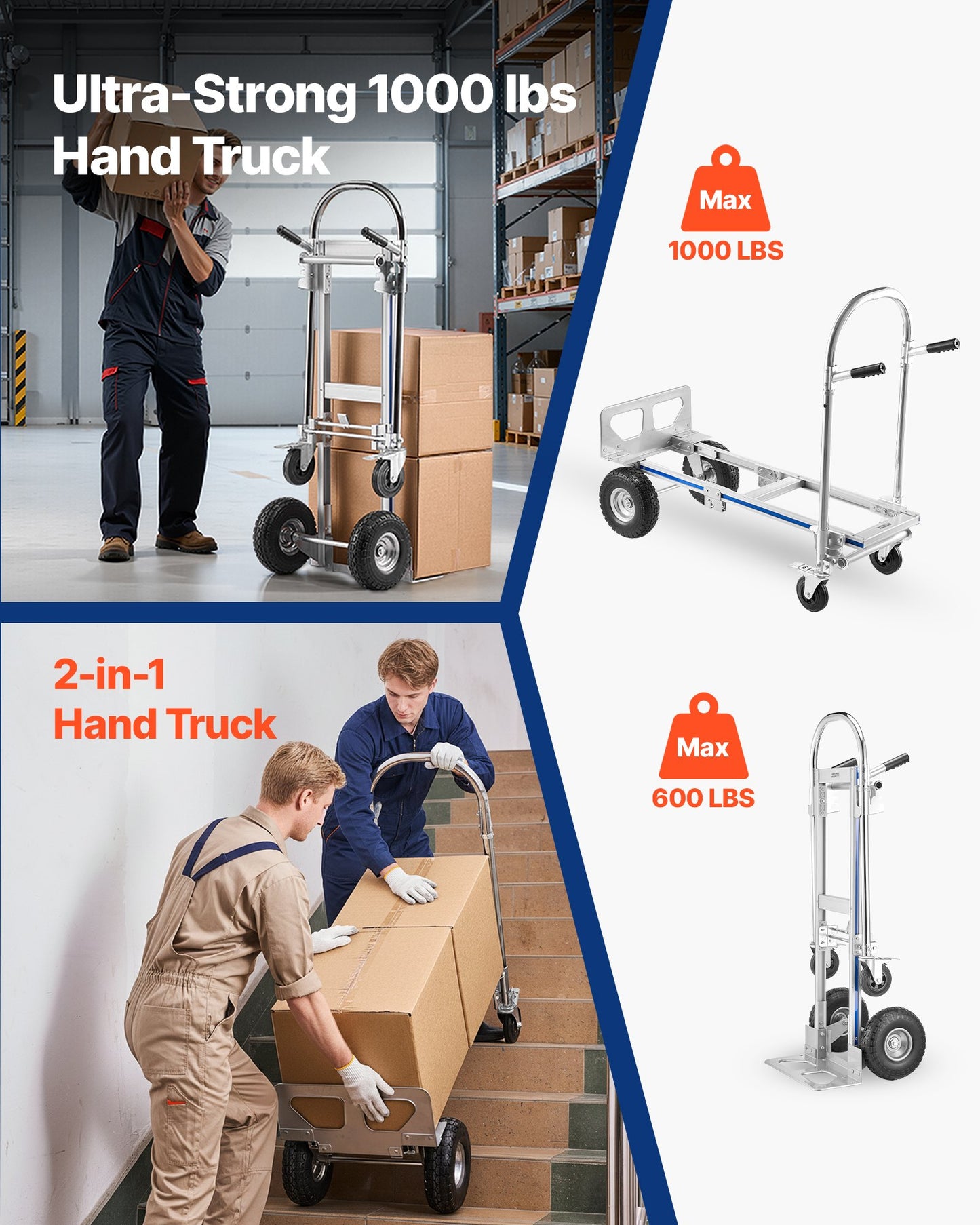 2 in 1 Hand Truck, 453.6 kg Load Capacity for 4-Wheel Mode,