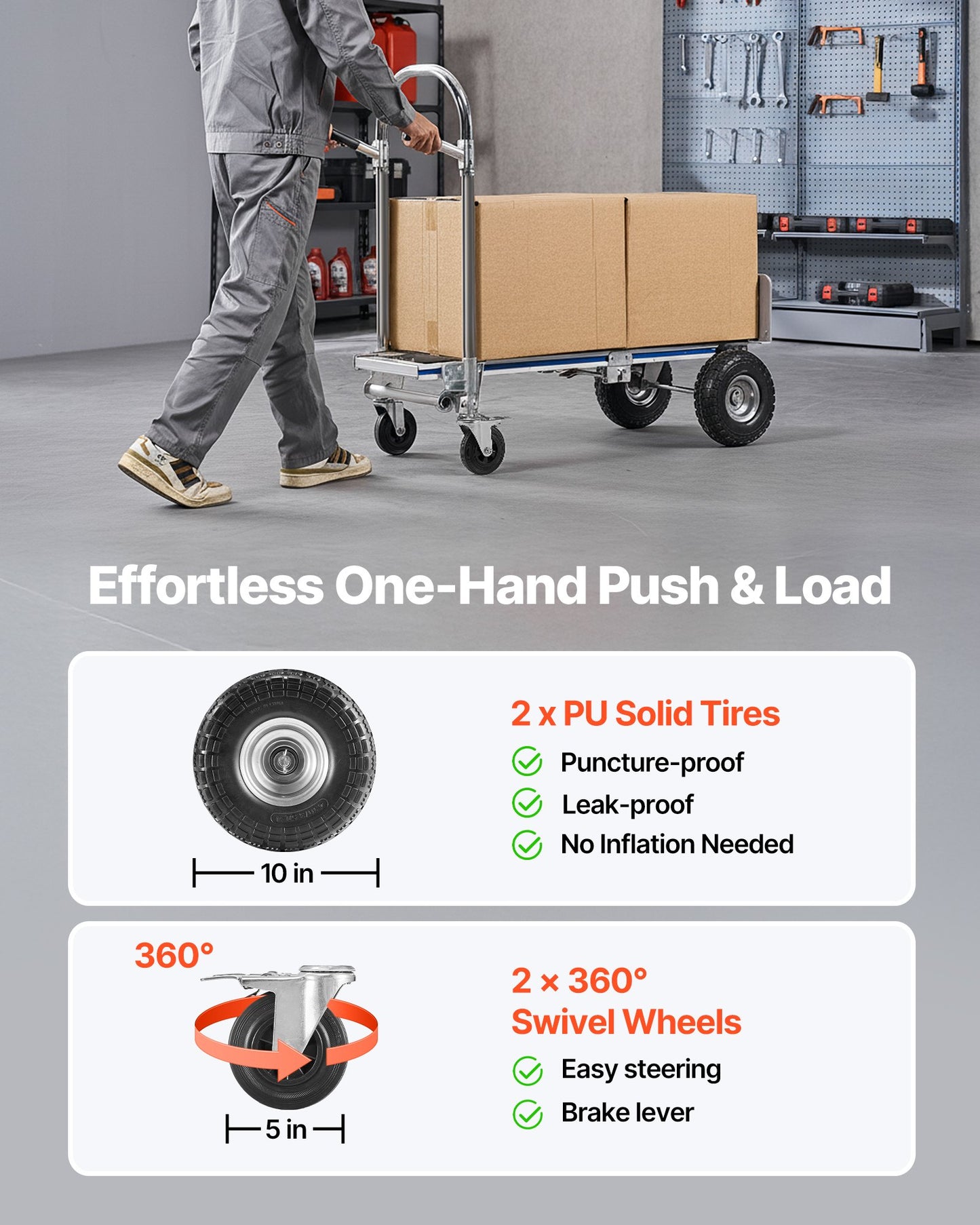 2 in 1 Hand Truck, 453.6 kg Load Capacity for 4-Wheel Mode,