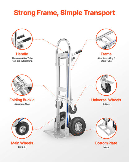 2 in 1 Hand Truck, 453.6 kg Load Capacity for 4-Wheel Mode,