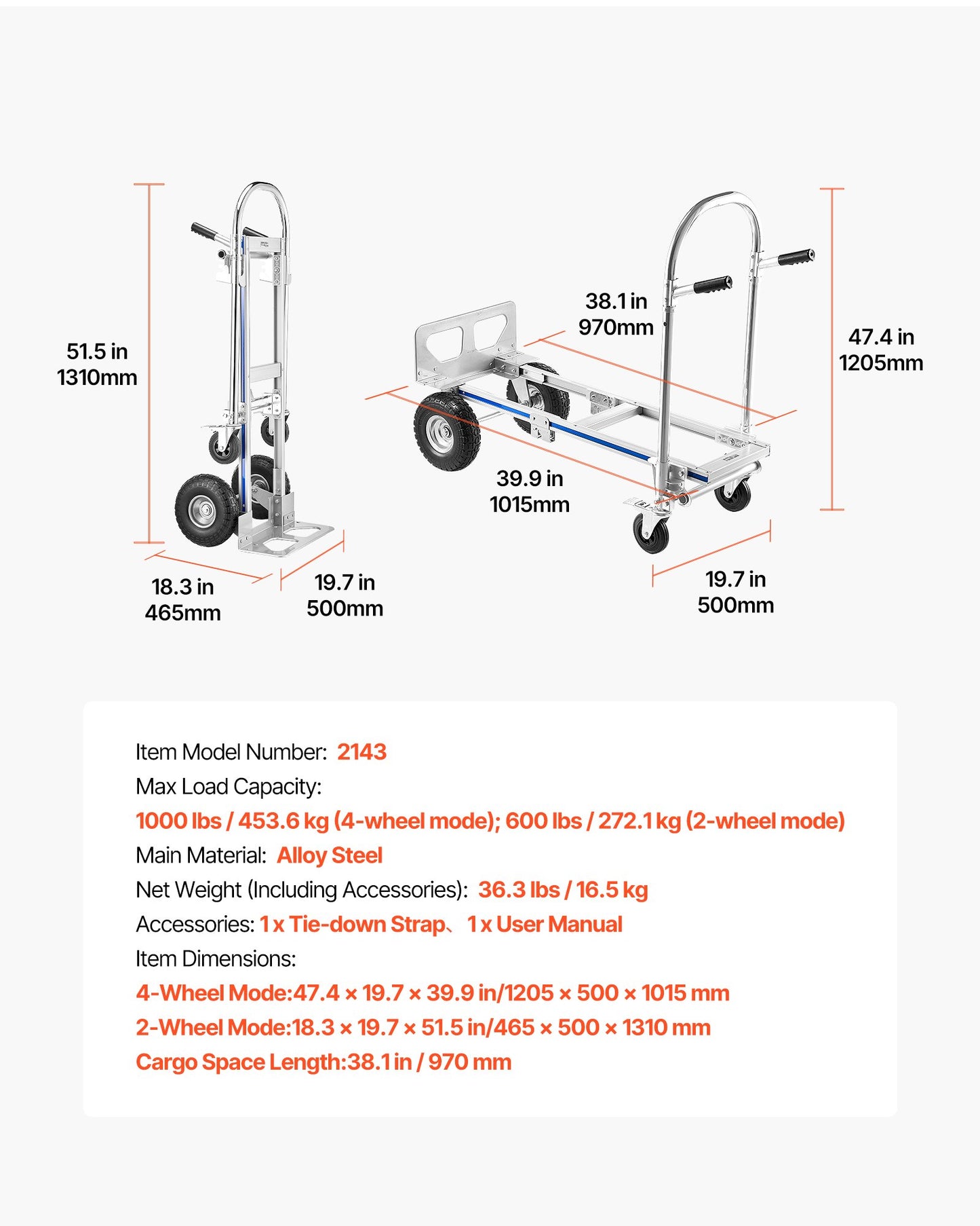 2 in 1 Hand Truck, 453.6 kg Load Capacity for 4-Wheel Mode,