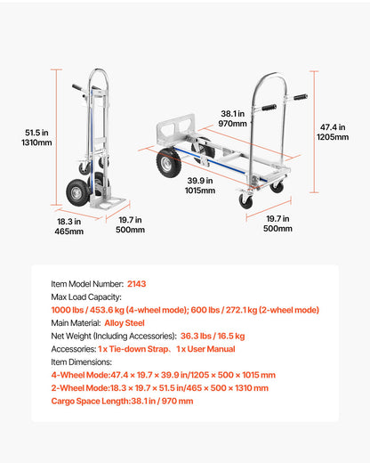 2 in 1 Hand Truck, 453.6 kg Load Capacity for 4-Wheel Mode,