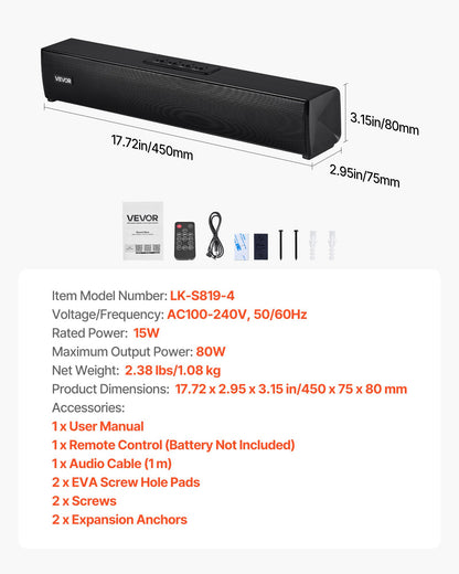 Sound Bar for Smart TV, 2.0 Channel, 450 mm Compact Soundbar TV